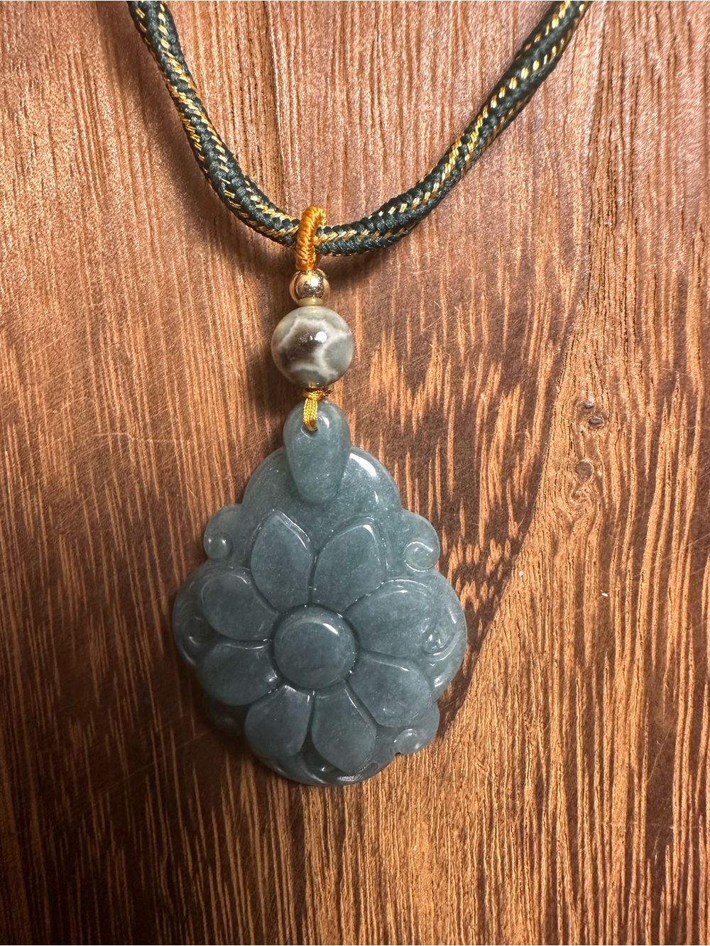 Green Jade Flower Pendant Necklace with Ocean Jasper on Green and Gold Rope - Picture 4 of 11